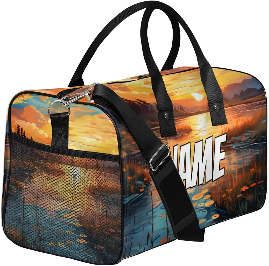 Personalized Sunrise Scenery Travel Duffel Bag with Name, Custom Gym Sport Bag Forest River Carry On Weekend Overnight Duffel Bag for Men Women