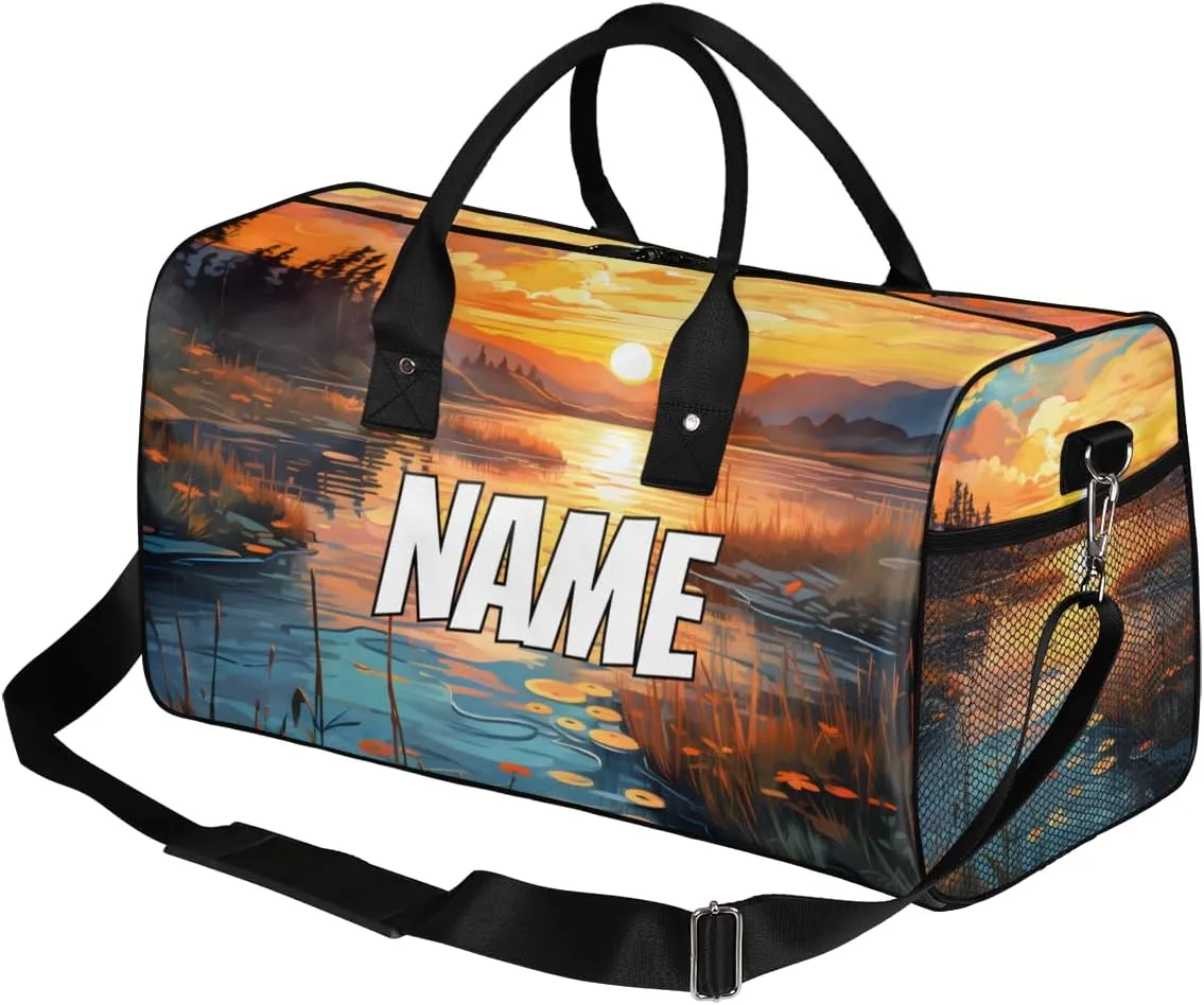 Personalized Sunrise Scenery Travel Duffel Bag with Name, Custom Gym Sport Bag Forest River Carry On Weekend Overnight Duffel Bag for Men Women