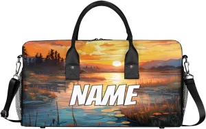 Personalized Sunrise Scenery Travel Duffel Bag with Name, Custom Gym Sport Bag Forest River Carry On Weekend Overnight Duffel Bag for Men Women