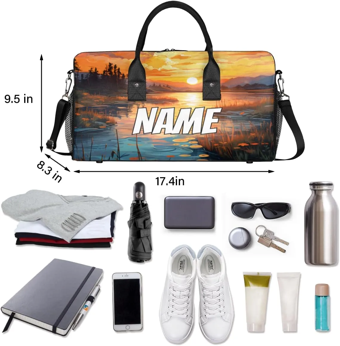 Personalized Sunrise Scenery Travel Duffel Bag with Name, Custom Gym Sport Bag Forest River Carry On Weekend Overnight Duffel Bag for Men Women