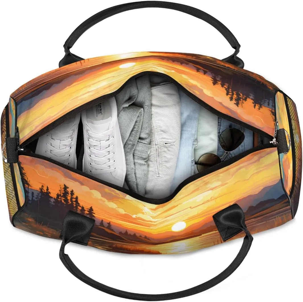 Personalized Sunrise Scenery Travel Duffel Bag with Name, Custom Gym Sport Bag Forest River Carry On Weekend Overnight Duffel Bag for Men Women