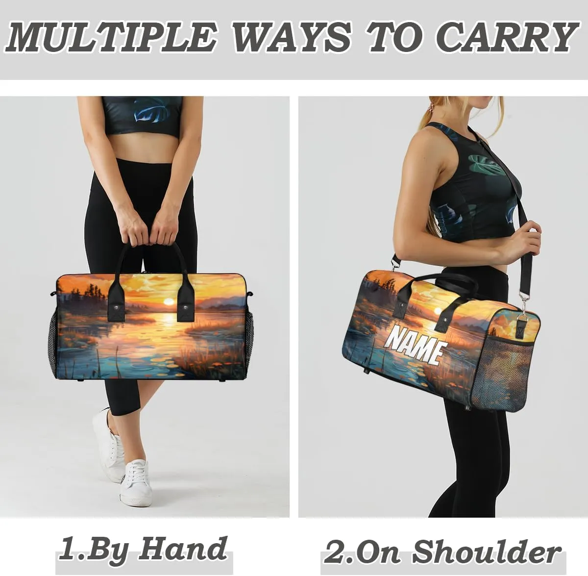 Personalized Sunrise Scenery Travel Duffel Bag with Name, Custom Gym Sport Bag Forest River Carry On Weekend Overnight Duffel Bag for Men Women