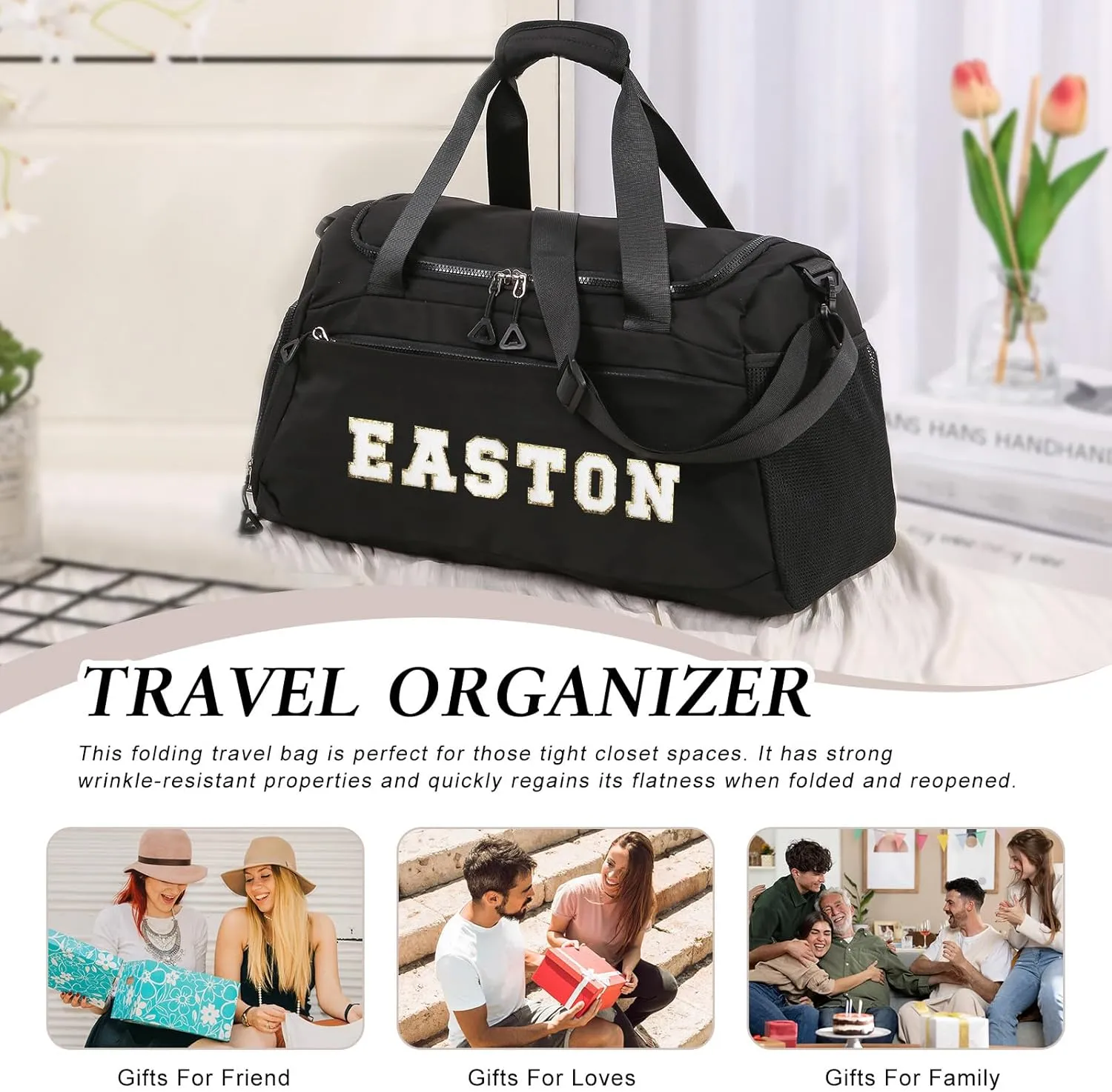 Personalized Travel Bag for Women Custom Duffle Bag with Name Customized Overnight Bag with Initials Sports Gym Bags Bridesmaid Gifts for Women Men (Black-1)
