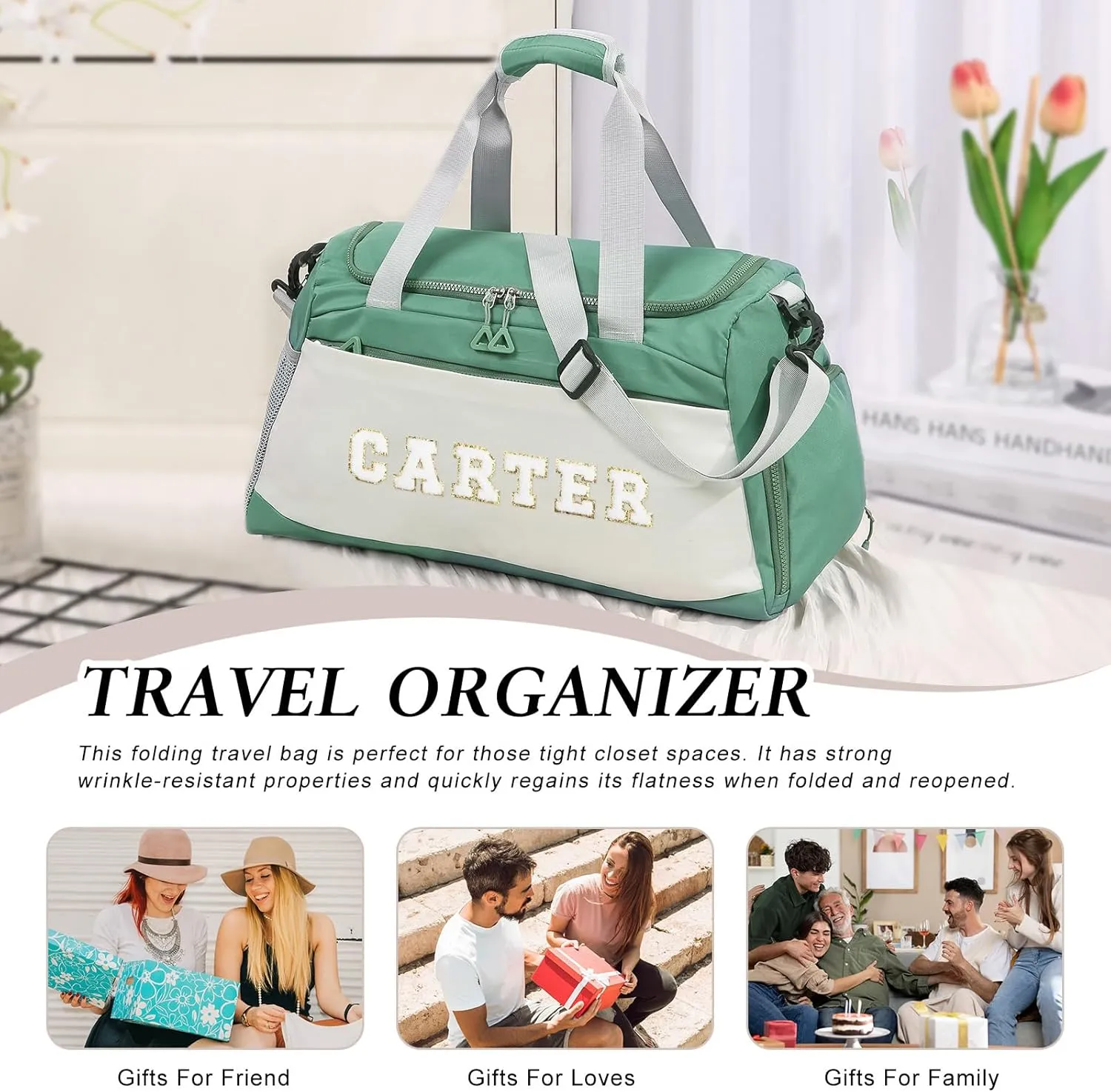 Personalized Travel Bag for Women Custom Duffle Bag with Name Customized Overnight Bag with Initials Sports Gym Bags Bridesmaid Gifts for Women Men (Green-1)
