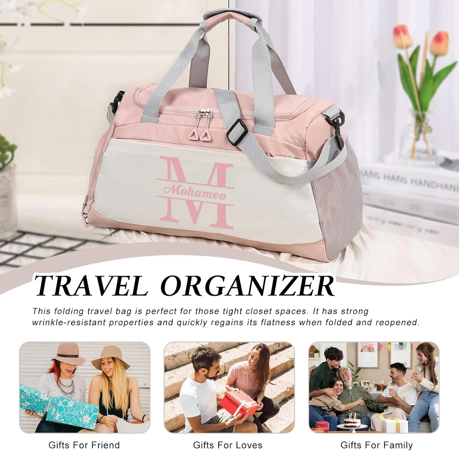 Personalized Travel Bag for Women Custom Duffle Bag with Name Customized Overnight Bag with Initials Sports Gym Bags Bridesmaid Gifts for Women Men (Pink)