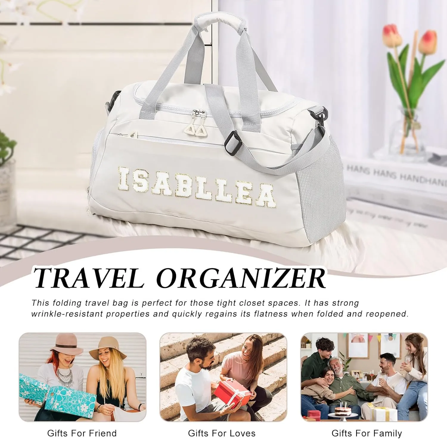 Personalized Travel Bag for Women Custom Duffle Bag with Name Customized Overnight Bag with Initials Sports Gym Bags Bridesmaid Gifts for Women Men (White-1)