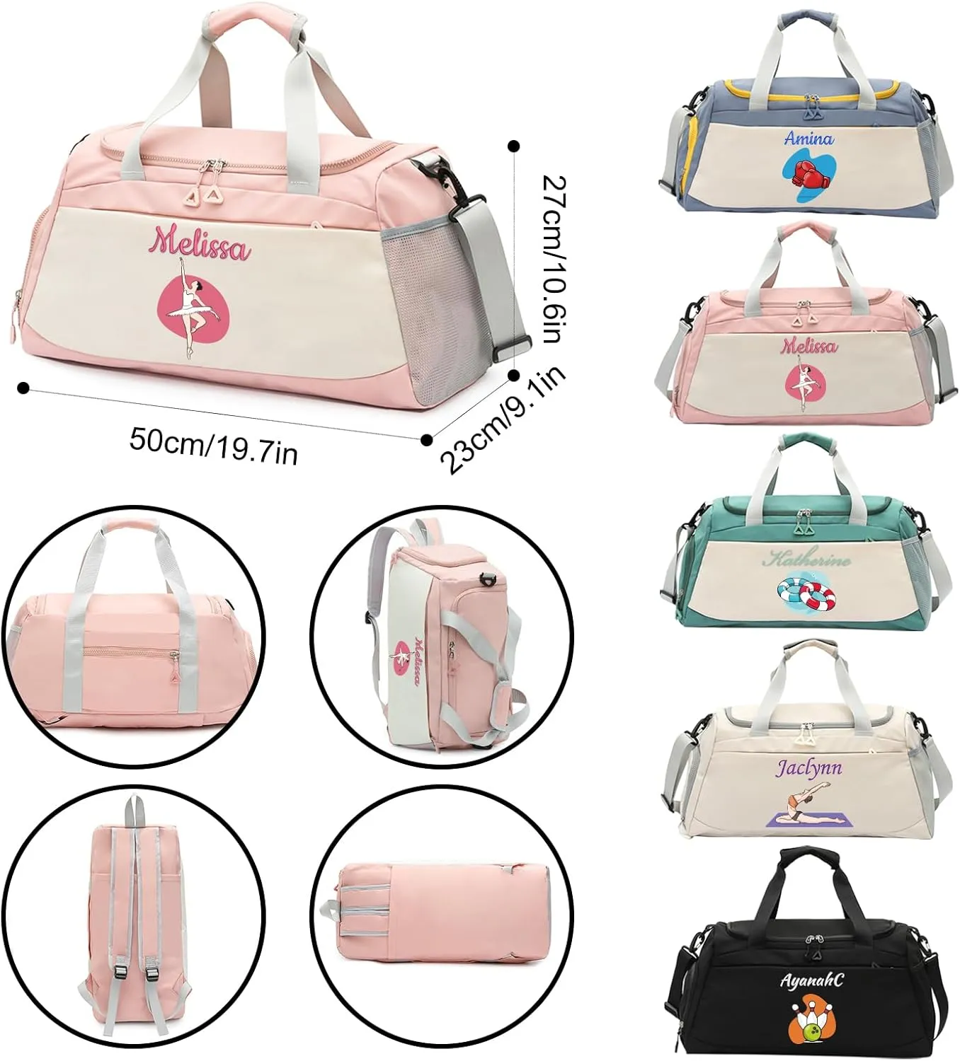 Personalized Travel Duffle Bag with Embroidery Name/Color Print logo, Sports Yoga Dance 3 in 1 Gym Bag, Dufflebag Weekend Getaway for Women Men, with Shoe and Wet Clothes Compartments-Blue