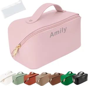Personalized Travel Makeup Bag, Customized Large Capacity Cosmetic Bag with Engraved Name Initials, PU Leather Toiletry Bag for Women, Wide Open Portable Pouch with Divider and Handle Mothers Day Gift
