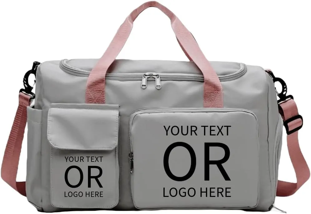 Personalized Weekender Bag for Men and Women - Custom Duffle Bag for Travel and Gym (Grey Custom with Text or Logo)