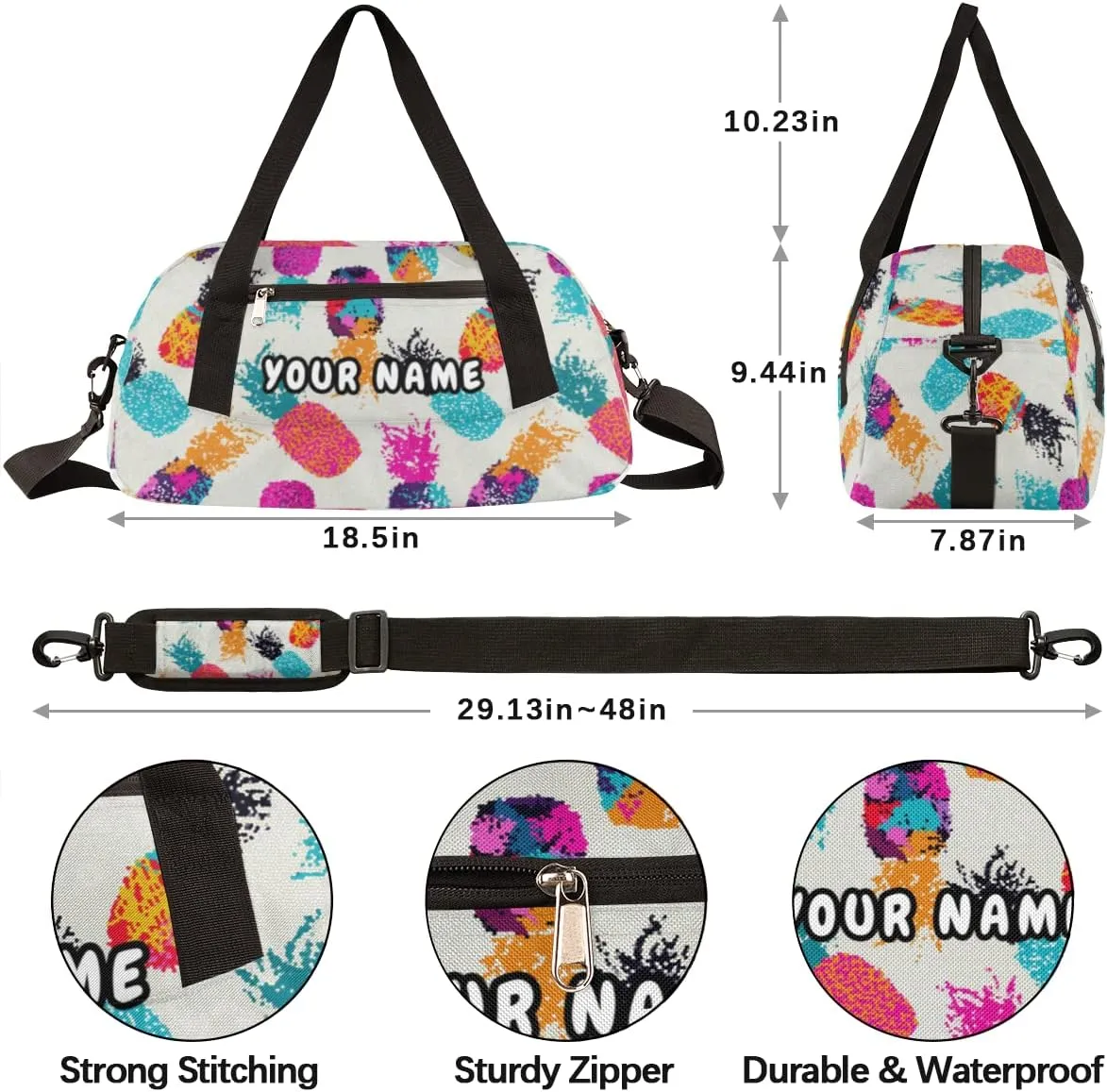 Pineapple Fruit Personalized Kids Duffel Bag for Girls Boys, Pineapple Debris Custom Name Dance Bag Overnight Small Duffel Bag Carry On Weekend Sports Travel Bag for School Practice Gymnastics Ballet
