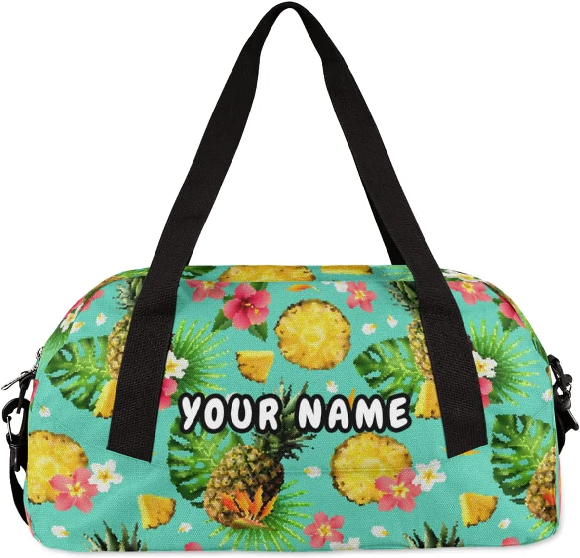 Pineapple Palm Leaves Flower Personalized Kids Duffel Bag for Girls Boys, Pineapple Debris Custom Name Dance Bag Overnight Small Duffel Bag Carry On Weekend Sports Travel Bag for School Practice Gymnastics Ballet