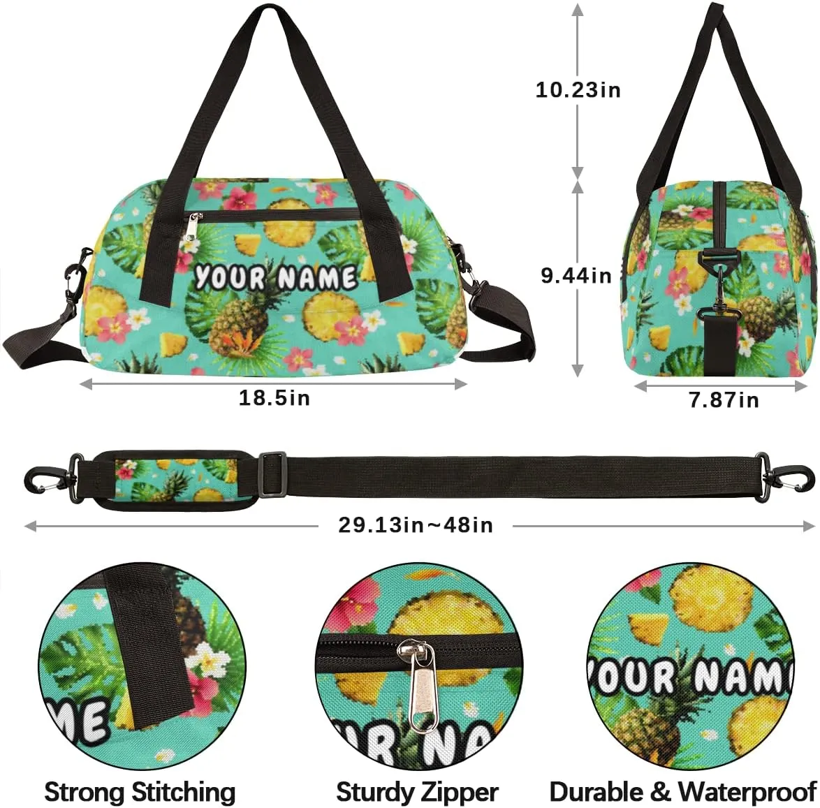 Pineapple Palm Leaves Flower Personalized Kids Duffel Bag for Girls Boys, Pineapple Debris Custom Name Dance Bag Overnight Small Duffel Bag Carry On Weekend Sports Travel Bag for School Practice Gymnastics Ballet