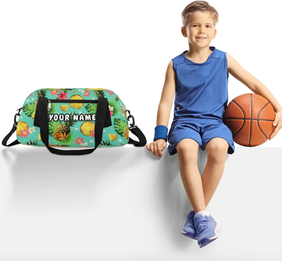 Pineapple Palm Leaves Flower Personalized Kids Duffel Bag for Girls Boys, Pineapple Debris Custom Name Dance Bag Overnight Small Duffel Bag Carry On Weekend Sports Travel Bag for School Practice Gymnastics Ballet
