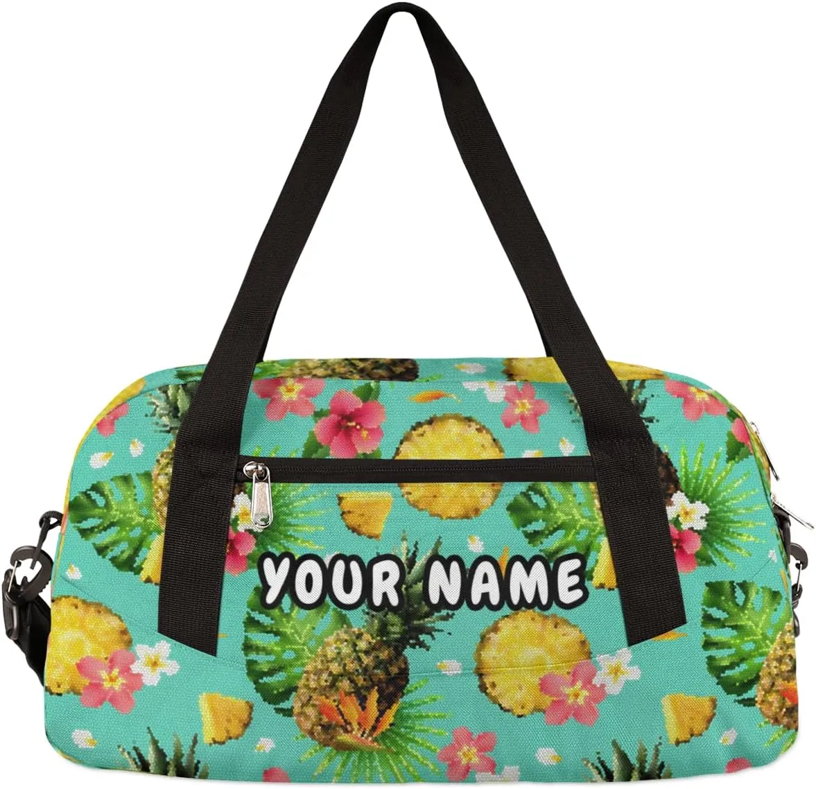 Pineapple Palm Leaves Flower Personalized Kids Duffel Bag for Girls Boys, Pineapple Debris Custom Name Dance Bag Overnight Small Duffel Bag Carry On Weekend Sports Travel Bag for School Practice Gymnastics Ballet