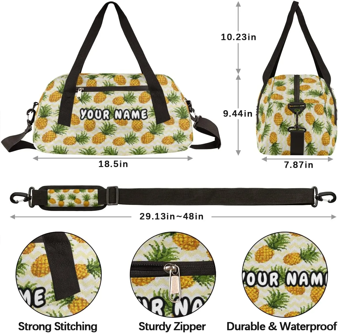 Pineapple Pattern Personalized Kids Duffel Bag for Girls Boys, Pineapple Debris Custom Name Dance Bag Overnight Small Duffel Bag Carry On Sports Travel Bag for School Practice Gymnastics Ballet