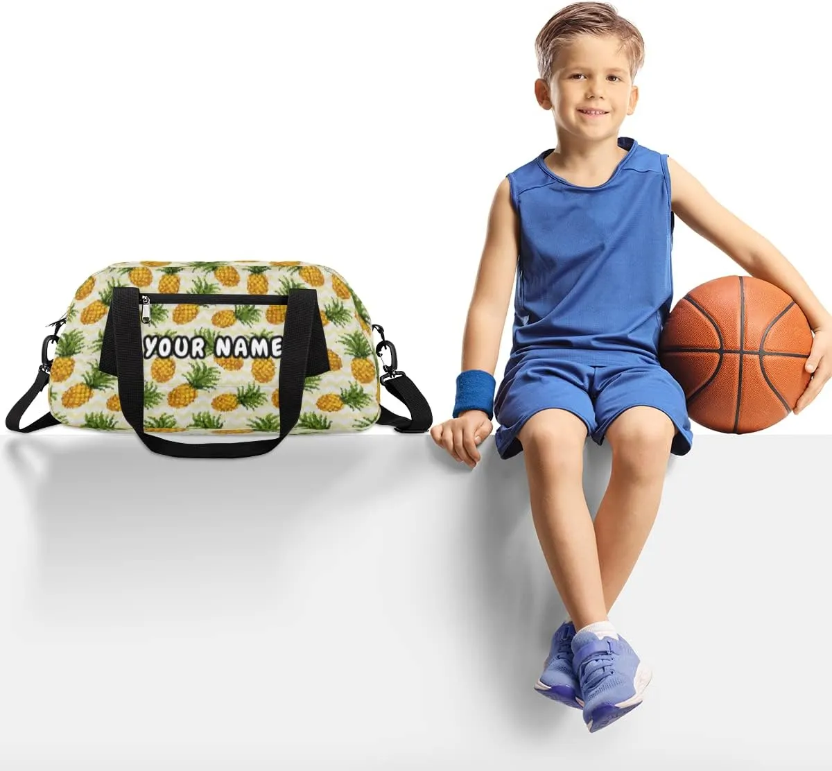 Pineapple Pattern Personalized Kids Duffel Bag for Girls Boys, Pineapple Debris Custom Name Dance Bag Overnight Small Duffel Bag Carry On Sports Travel Bag for School Practice Gymnastics Ballet