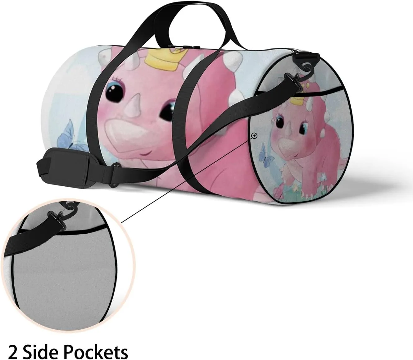 Pink Cute Little Dinosaur Playing With Butterflies Sports Bag Tote Bag Waterproof Gym Bag with Shoulder Strap Zipper 2 Side Pockets for Men and Women, Travel and Storage Shoulder Bag.