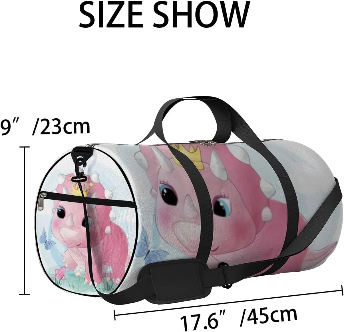 Pink Cute Little Dinosaur Playing With Butterflies Sports Bag Tote Bag Waterproof Gym Bag with Shoulder Strap Zipper 2 Side Pockets for Men and Women, Travel and Storage Shoulder Bag.