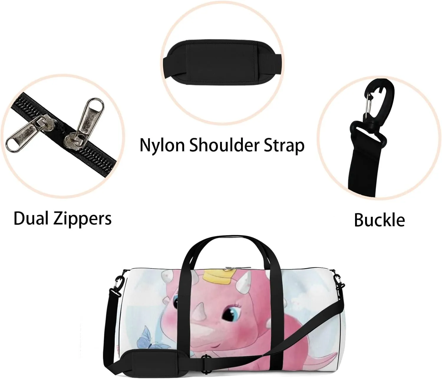 Pink Cute Little Dinosaur Playing With Butterflies Sports Bag Tote Bag Waterproof Gym Bag with Shoulder Strap Zipper 2 Side Pockets for Men and Women, Travel and Storage Shoulder Bag.