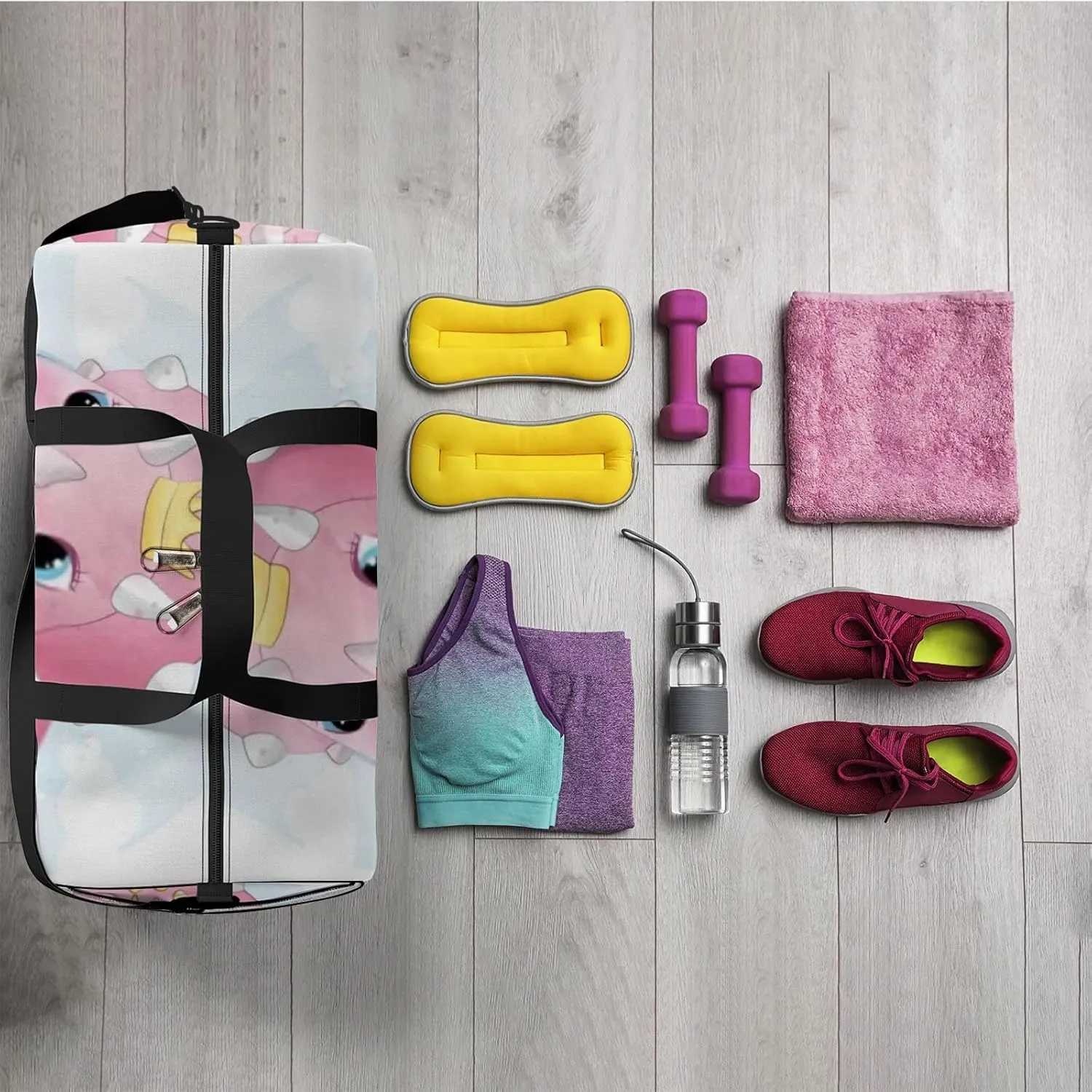Pink Cute Little Dinosaur Playing With Butterflies Sports Bag Tote Bag Waterproof Gym Bag with Shoulder Strap Zipper 2 Side Pockets for Men and Women, Travel and Storage Shoulder Bag.