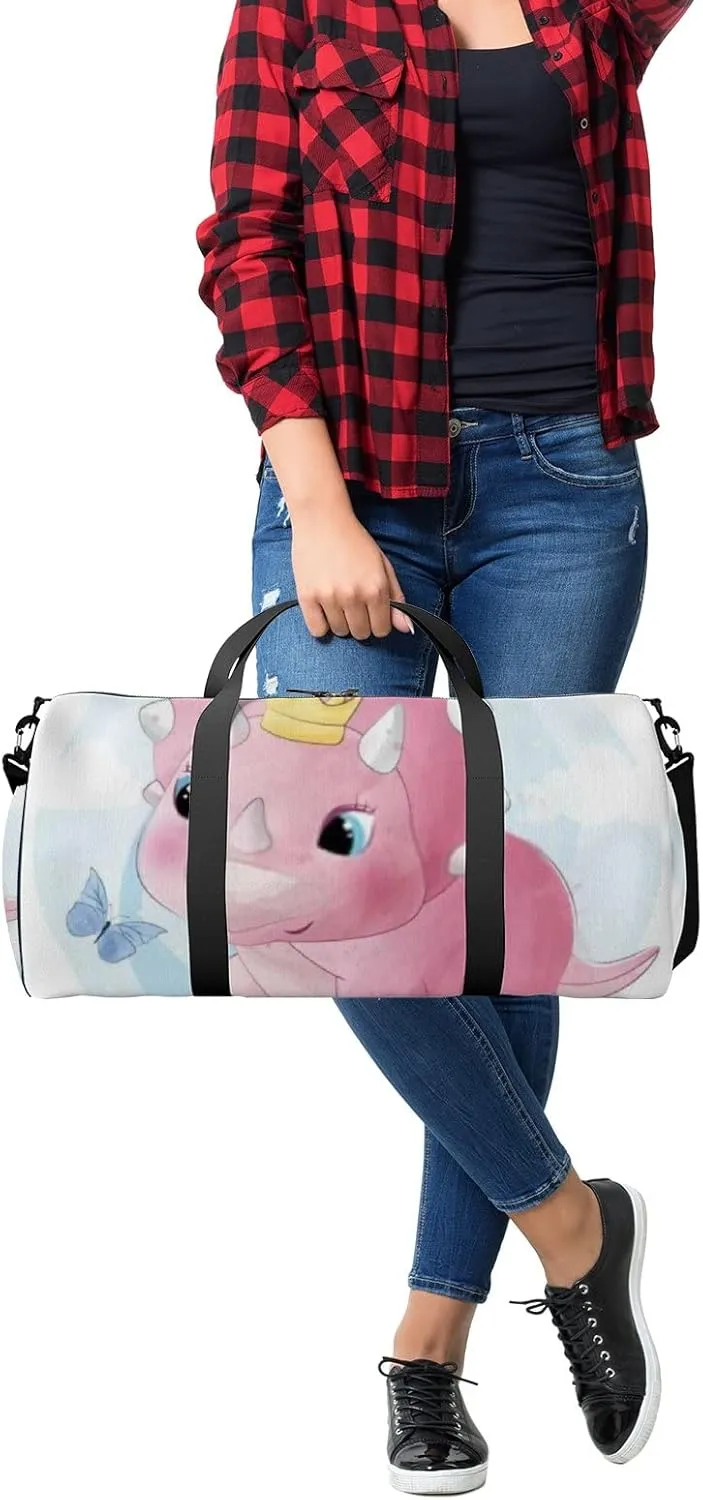 Pink Cute Little Dinosaur Playing With Butterflies Sports Bag Tote Bag Waterproof Gym Bag with Shoulder Strap Zipper 2 Side Pockets for Men and Women, Travel and Storage Shoulder Bag.