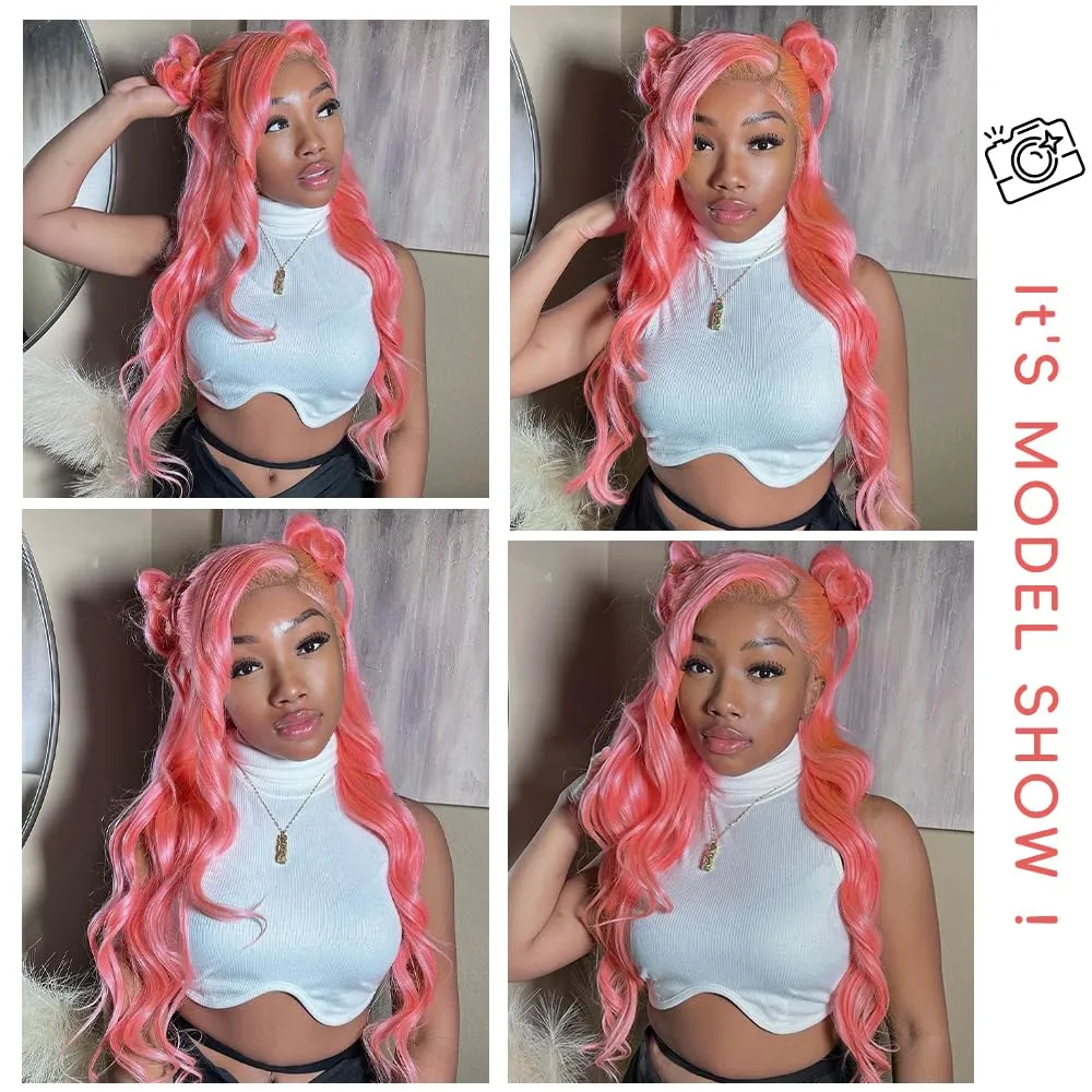 Pink Lace Front Wigs Human Hair 13x4 HD Body Wave Lace Front Wigs Human Hair Pre Plucked Frontal Wig 180% Density Colored Pink Human Hair Wig Glueless Wigs 24 Inch