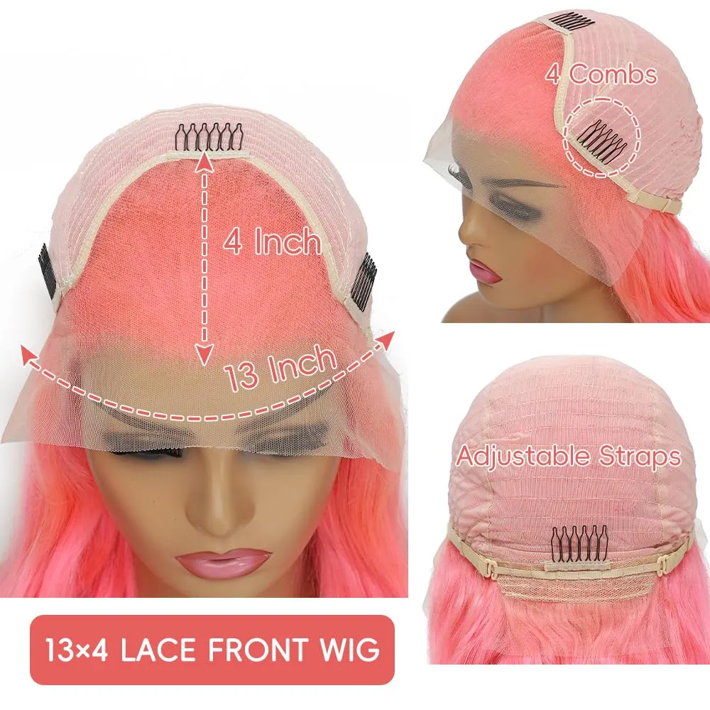 Pink Lace Front Wigs Human Hair 13x4 HD Body Wave Lace Front Wigs Human Hair Pre Plucked Frontal Wig 180% Density Colored Pink Human Hair Wig Glueless Wigs 24 Inch