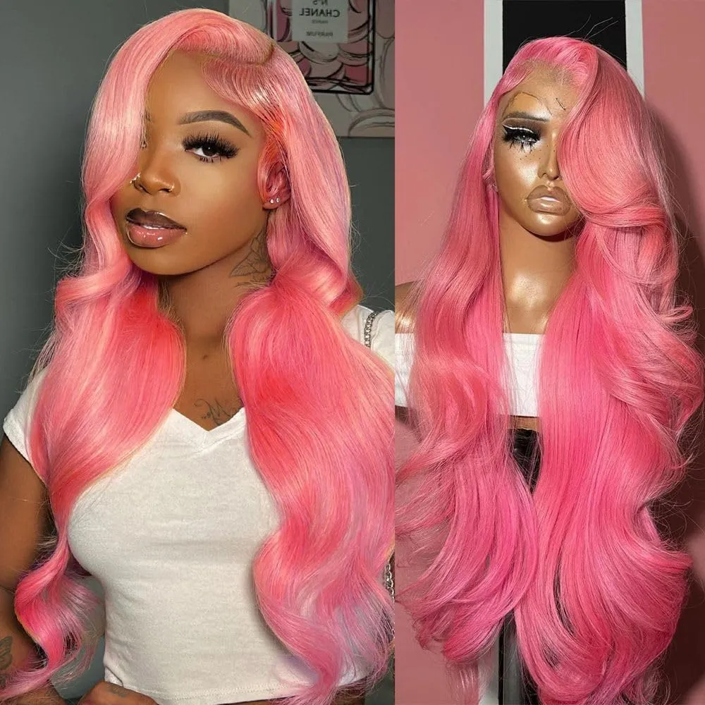 Pink Lace Front Wigs Human Hair 13x4 HD Body Wave Lace Front Wigs Human Hair Pre Plucked Frontal Wig 180% Density Colored Pink Human Hair Wig Glueless Wigs 24 Inch