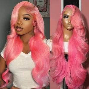 Pink Lace Front Wigs Human Hair 13x4 HD Body Wave Lace Front Wigs Human Hair Pre Plucked Frontal Wig 180% Density Colored Pink Human Hair Wig Glueless Wigs 24 Inch