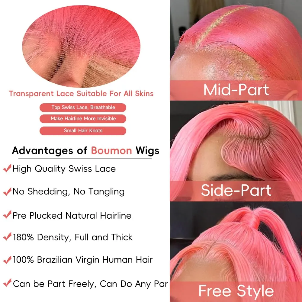 Pink Lace Front Wigs Human Hair 13x4 HD Body Wave Lace Front Wigs Human Hair Pre Plucked Frontal Wig 180% Density Colored Pink Human Hair Wig Glueless Wigs 24 Inch