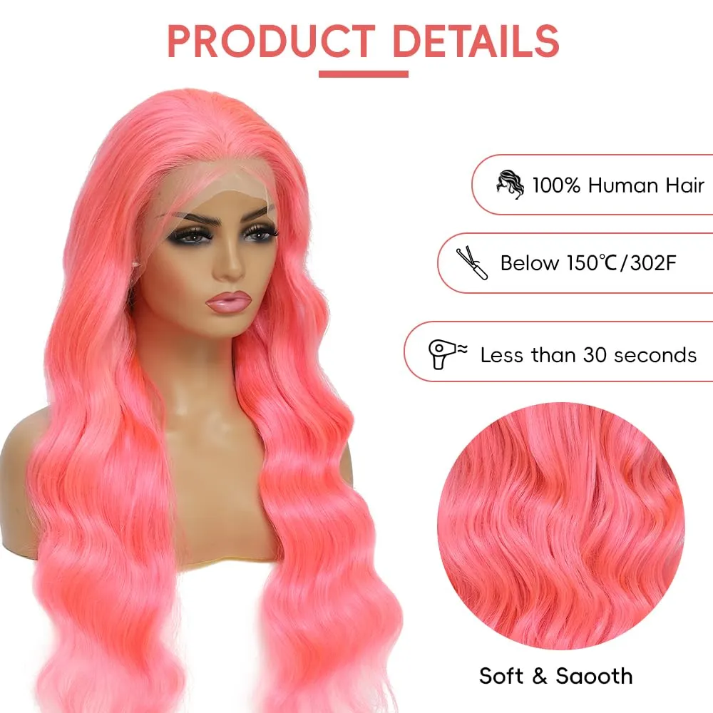 Pink Lace Front Wigs Human Hair 13x4 HD Body Wave Lace Front Wigs Human Hair Pre Plucked Frontal Wig 180% Density Colored Pink Human Hair Wig Glueless Wigs 24 Inch
