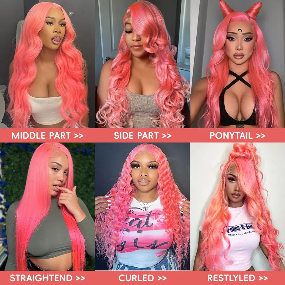 Pink Lace Front Wigs Human Hair 13x4 HD Body Wave Lace Front Wigs Human Hair Pre Plucked Frontal Wig 180% Density Colored Pink Human Hair Wig Glueless Wigs 24 Inch