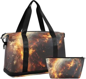 Planet Explosion Gym Bag for Women Sport Travel Duffel Bag Shoulder Weekender Overnight Bags with Wet Pocket & Shoe Compartment