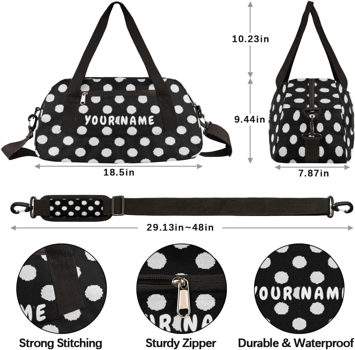 Polka Dot Personalized Kids Duffel Bag for Girls Boys, Dot Debirs Custom Name Dance Bag Overnight Small Duffel Bag Carry On Weekend Sports Travel Bag for School Practice Gymnastics Ballet