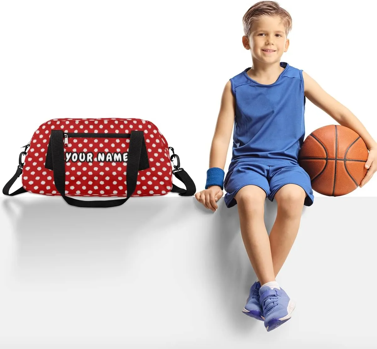 Polka Dot Red Personalized Kids Duffel Bag for Girls Boys, Dot Debris Custom Name Dance Bag Overnight Small Duffel Bag Carry On Weekend Sports Travel Bag for School Practice Gymnastics Ballet