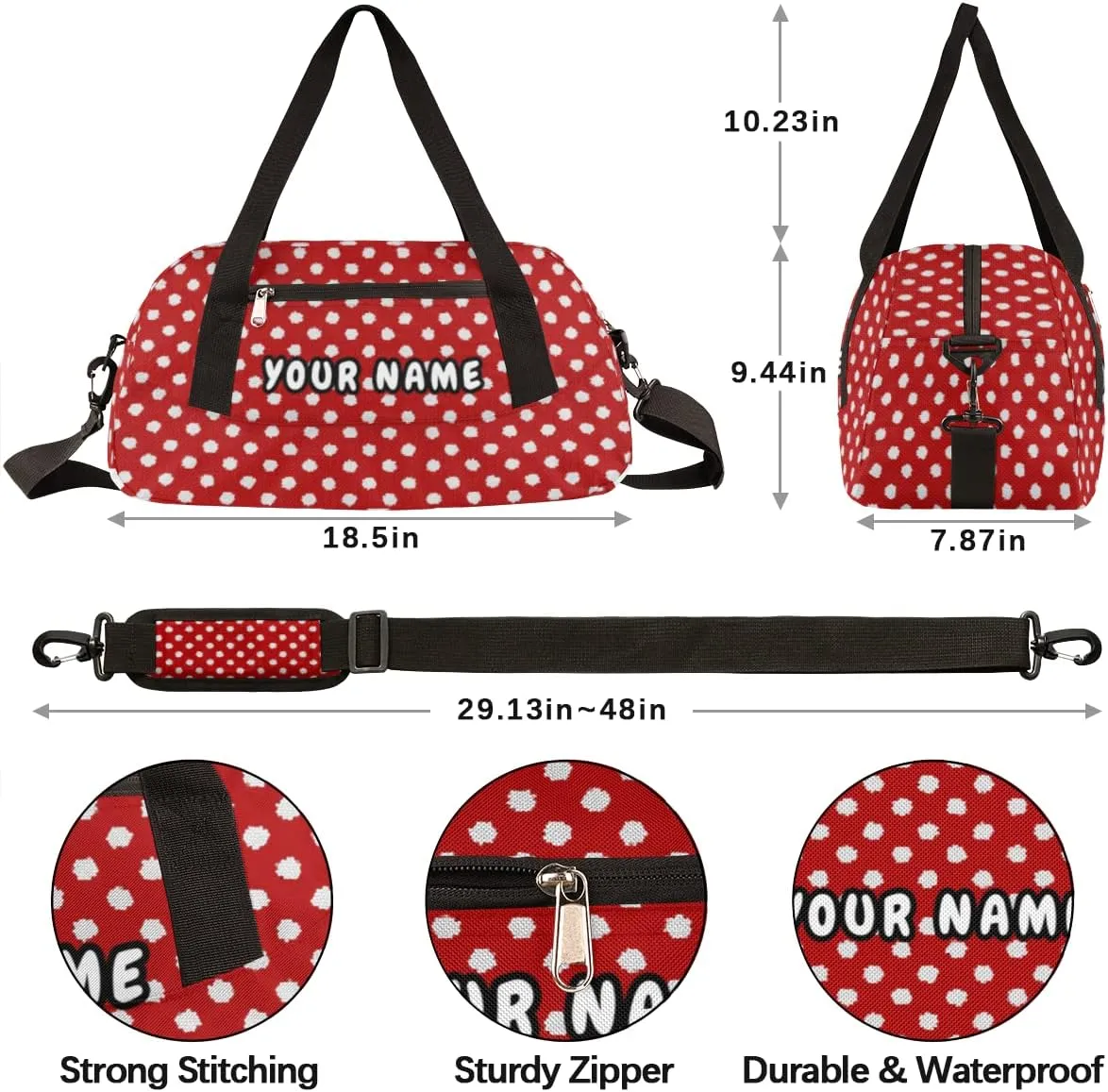 Polka Dot Red Personalized Kids Duffel Bag for Girls Boys, Dot Debris Custom Name Dance Bag Overnight Small Duffel Bag Carry On Weekend Sports Travel Bag for School Practice Gymnastics Ballet