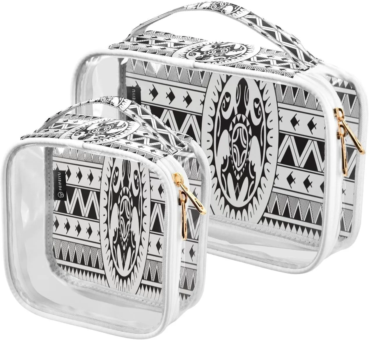 Polynesian Aboriginal 2 Pieces Clear Makeup Cosmetic Bags for Traveling Vacation Organizing, Toiletry Bags for Women Men, PVC Waterproof Travel Organizer