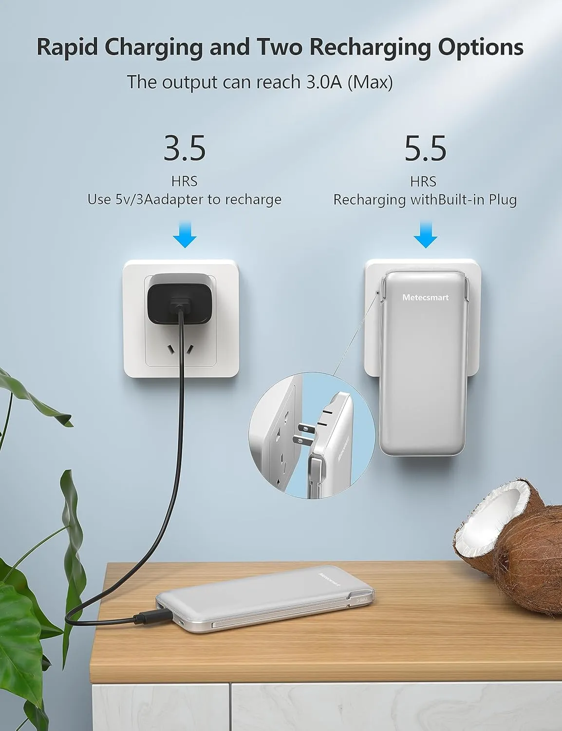 Portable Charger Power Bank with Built-in Cable & AC Plug, 10000mAh Fast USB-C Charger, Slim Mini Battery for iPhone 16/15/14/13/Pro/Max & All USB-C Devices