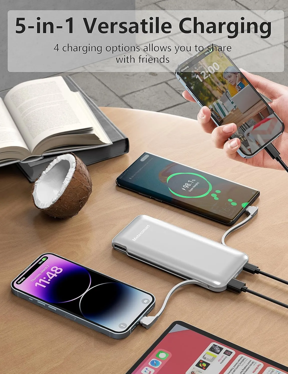 Portable Charger Power Bank with Built-in Cable & AC Plug, 10000mAh Fast USB-C Charger, Slim Mini Battery for iPhone 16/15/14/13/Pro/Max & All USB-C Devices