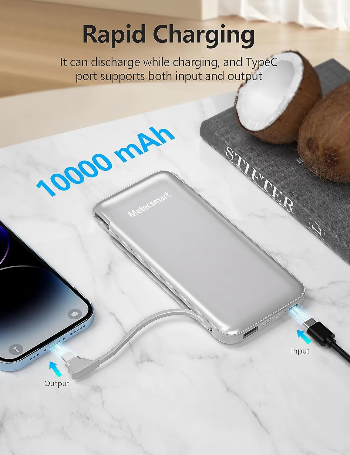 Portable Charger Power Bank with Built-in Cable & AC Plug, 10000mAh Fast USB-C Charger, Slim Mini Battery for iPhone 16/15/14/13/Pro/Max & All USB-C Devices