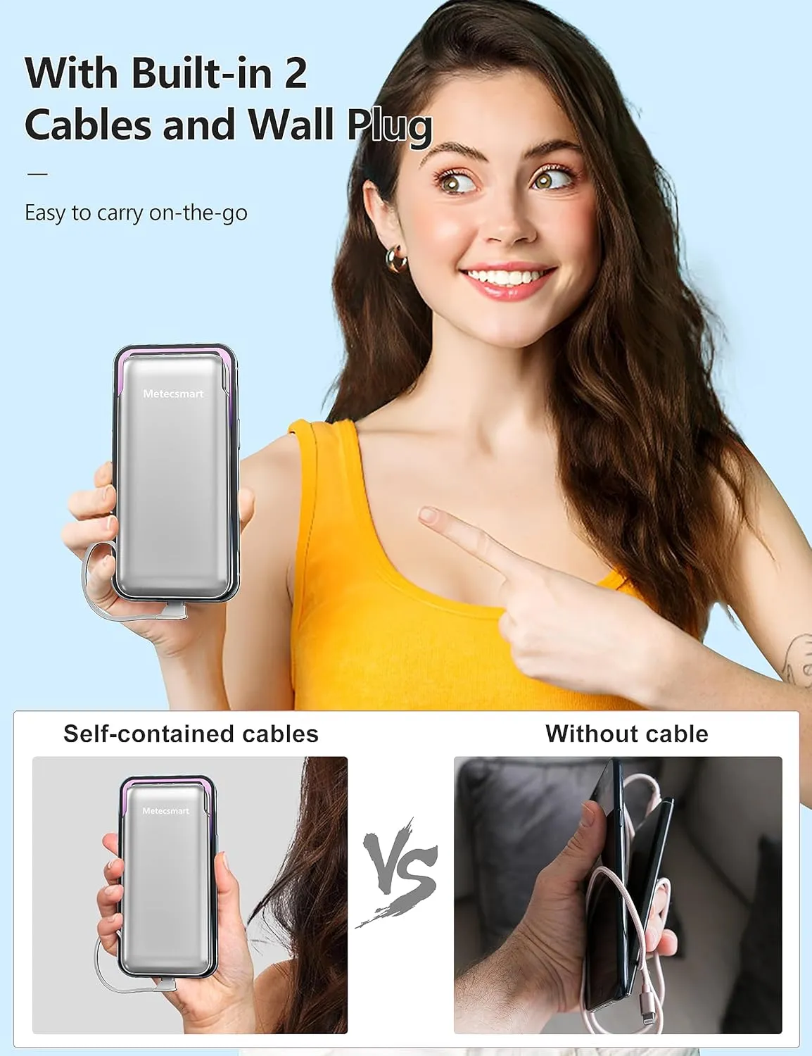 Portable Charger Power Bank with Built-in Cable & AC Plug, 10000mAh Fast USB-C Charger, Slim Mini Battery for iPhone 16/15/14/13/Pro/Max & All USB-C Devices
