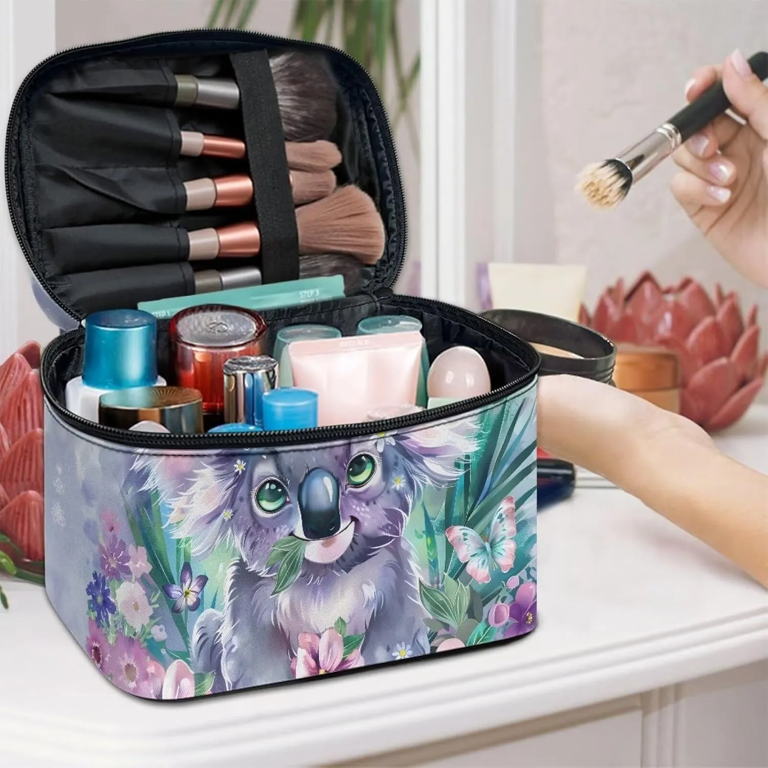 Portable Cosmetic Bags for Women Sloth Printed Travel Makeup Bag with Handle and Smooth Zipper Toiletry Pouch Plenty of Room
