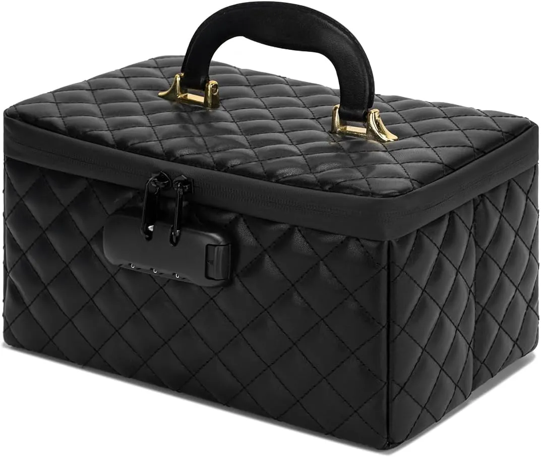 Portable makeup box with Lock, Large Capacity Travel Makeup Case Organizer, Makeup Bags for Girls Traveling With Handle and Divider Makeup Bag (Black)