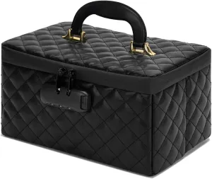 Portable makeup box with Lock, Large Capacity Travel Makeup Case Organizer, Makeup Bags for Girls Traveling With Handle and Divider Makeup Bag (Black)