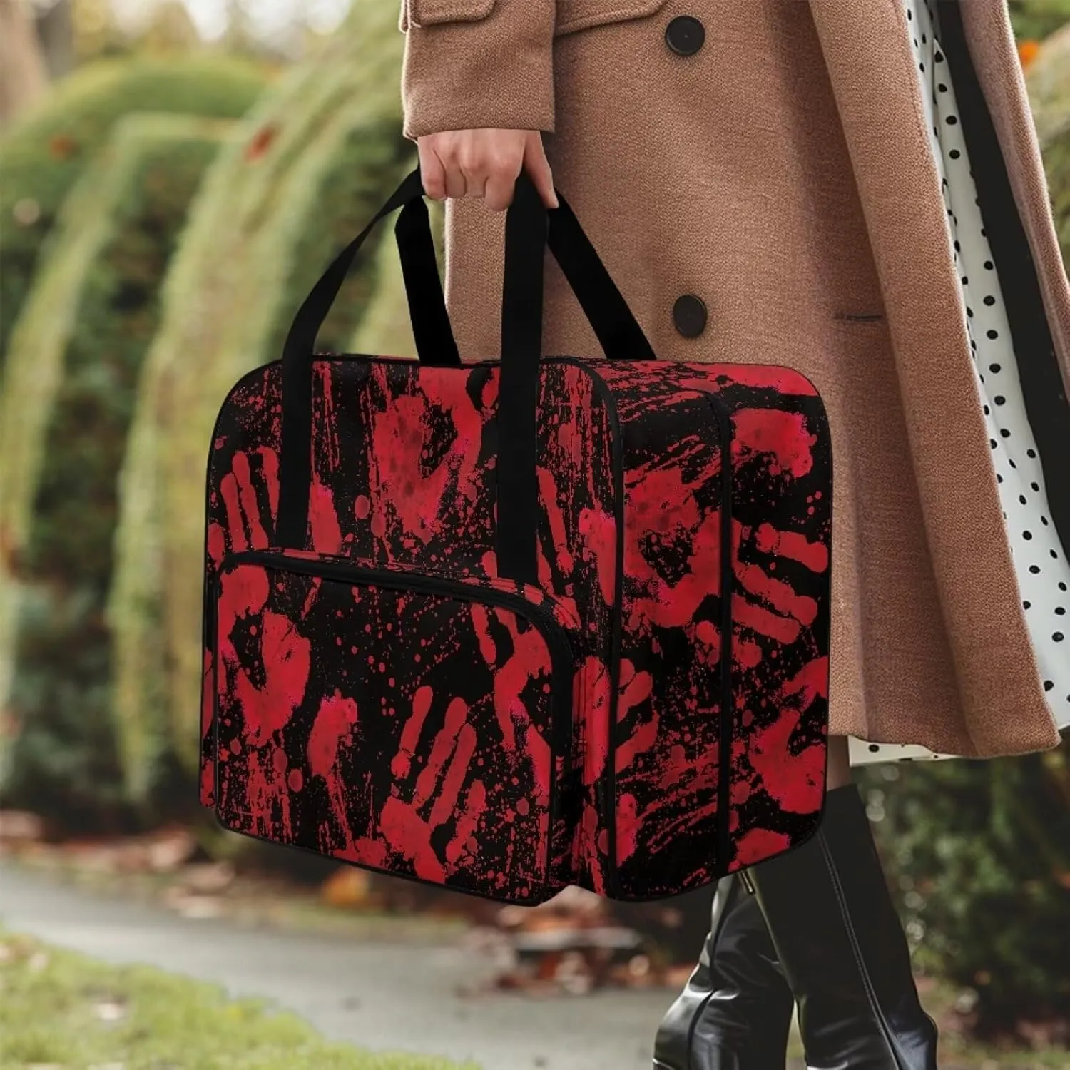 Portable Sewing Machine Case Bloody Handprint Tote Bag, Halloween Decor Carry Bag, Padded Storage Cover with Pockets and Handles, Suitable for Most Standard Singer, Brother, Janome
