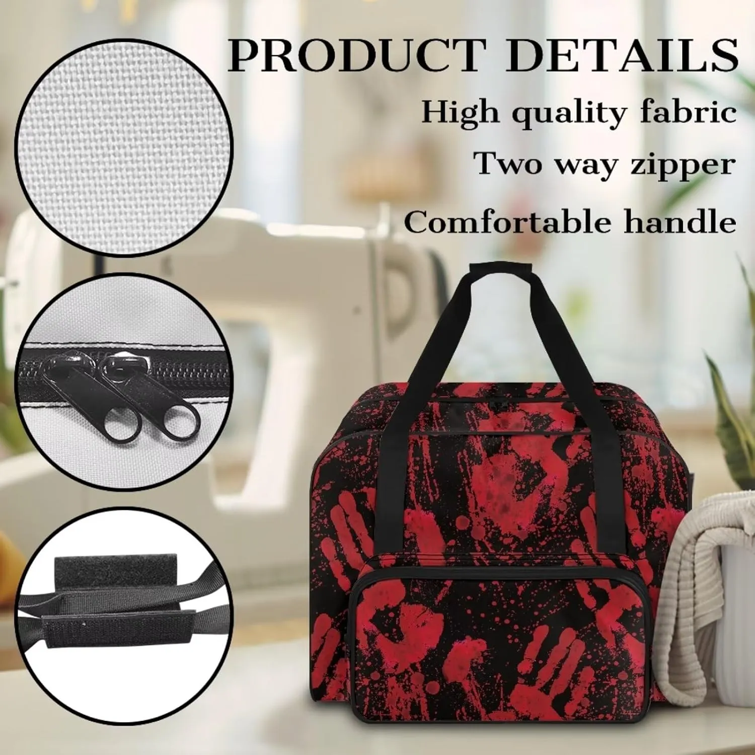 Portable Sewing Machine Case Bloody Handprint Tote Bag, Halloween Decor Carry Bag, Padded Storage Cover with Pockets and Handles, Suitable for Most Standard Singer, Brother, Janome