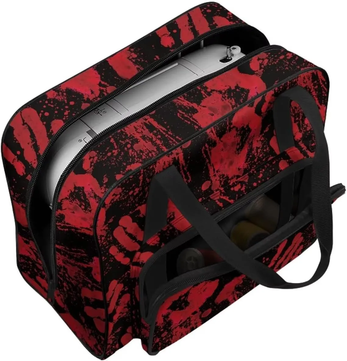 Portable Sewing Machine Case Bloody Handprint Tote Bag, Halloween Decor Carry Bag, Padded Storage Cover with Pockets and Handles, Suitable for Most Standard Singer, Brother, Janome