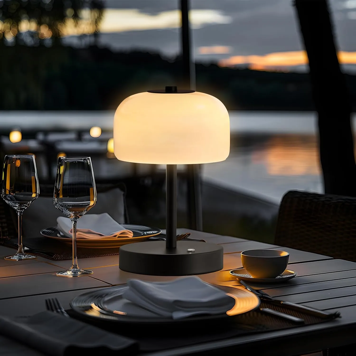 PORTRES Cordless Table Lamp Rechargeable Battery Operated Mushroom lamp Opal Glass Shade 3 Way Dimmable LED Touch Outdoor Lamp for Camping Bedroom Dining Living Room Beside Patio Restaurant,Black