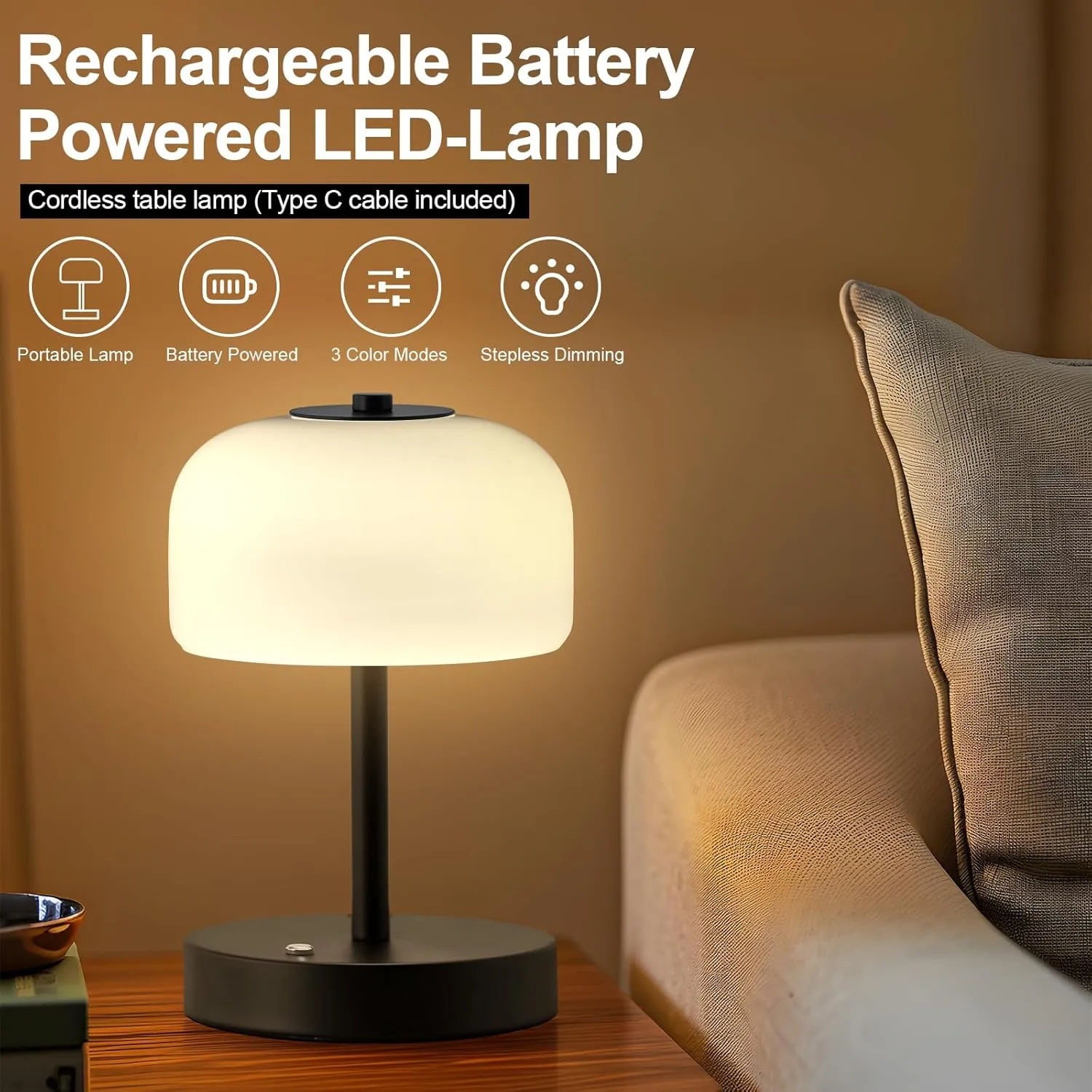 PORTRES Cordless Table Lamp Rechargeable Battery Operated Mushroom lamp Opal Glass Shade 3 Way Dimmable LED Touch Outdoor Lamp for Camping Bedroom Dining Living Room Beside Patio Restaurant,Black
