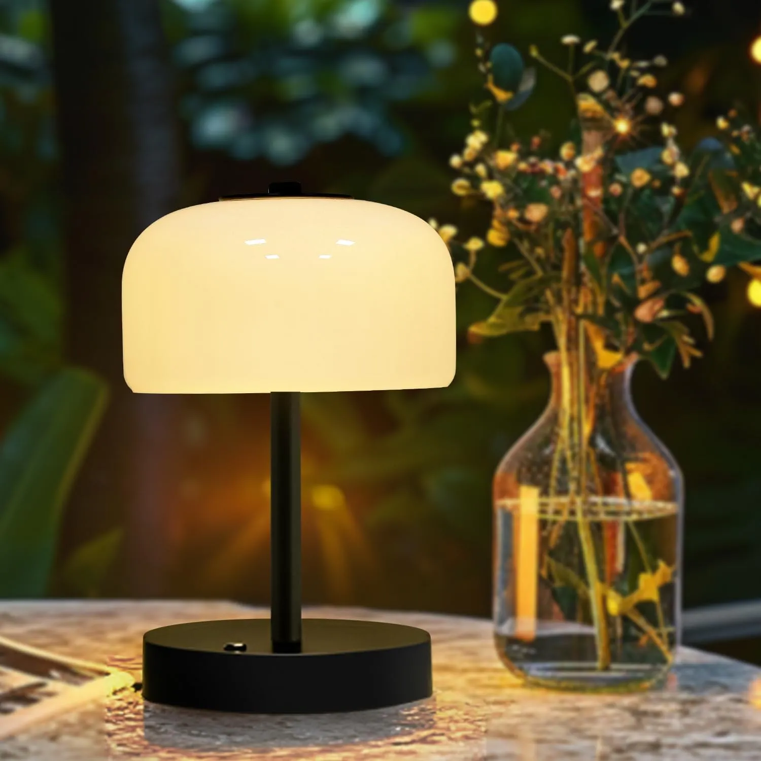 PORTRES Cordless Table Lamp Rechargeable Battery Operated Mushroom lamp Opal Glass Shade 3 Way Dimmable LED Touch Outdoor Lamp for Camping Bedroom Dining Living Room Beside Patio Restaurant,Black
